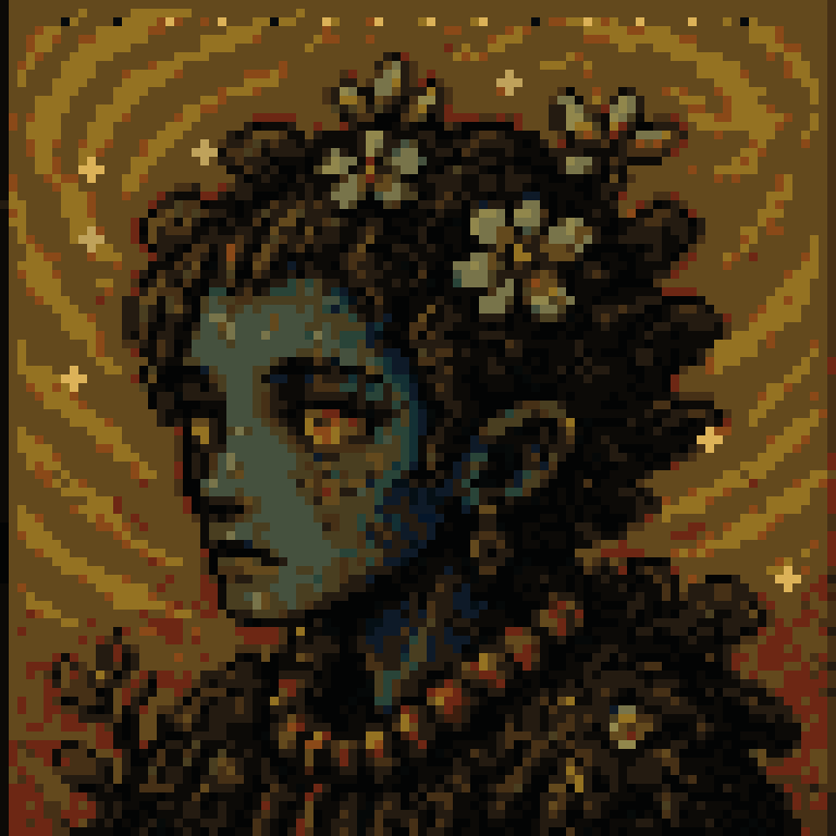 Gogh Punk 23, floral portrait against an ochre sky