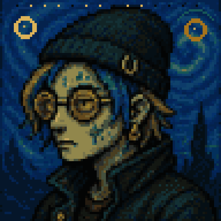 Gogh Punk 7, blue-haired portrait with round glasses